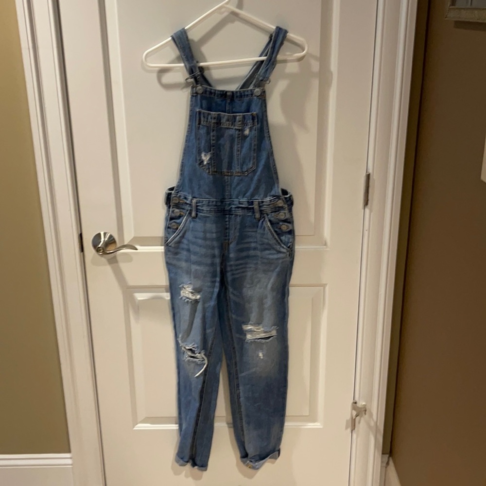 Denim distressed overalls